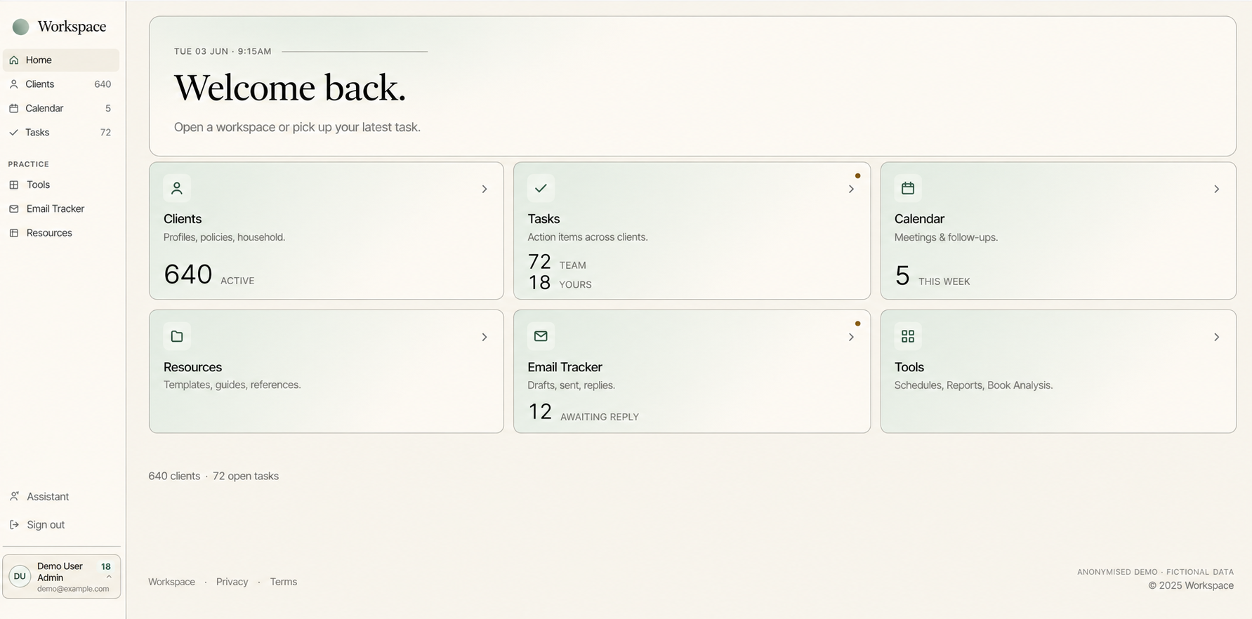 CRM workspace home with fictional demo data