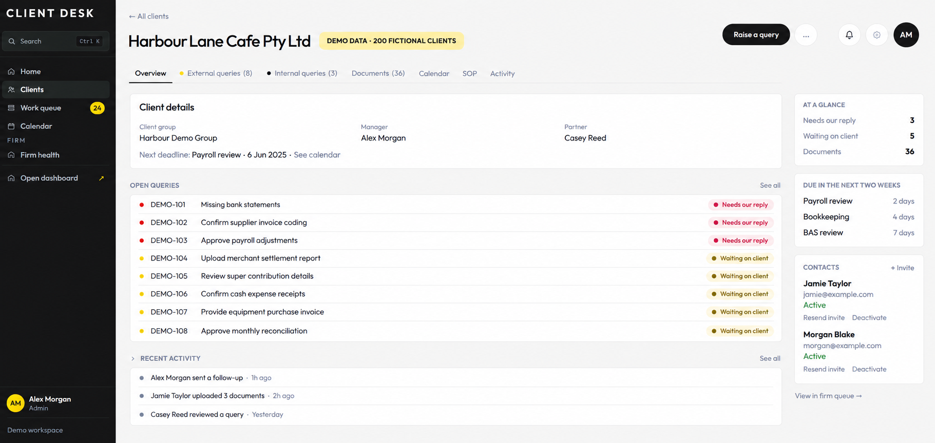 One client's queries and documents, fictional demo data